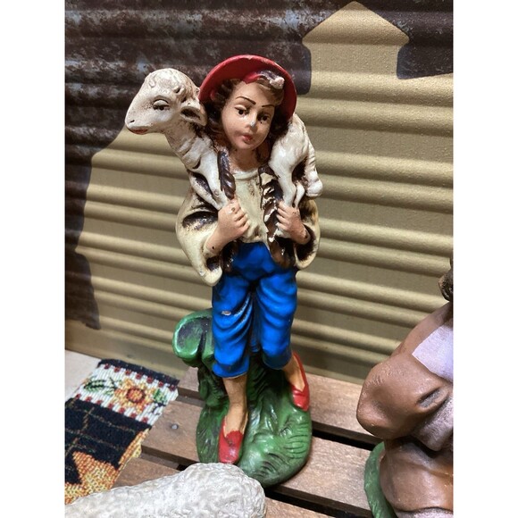 Vintage Chalkware Nativity Scene Italy Mary Jesus Shepherd W Eggs Joseph Pig - Picture 5 of 16